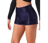 Allegra K Pantalones Cortos de Lentejuelas para Mujer, Cintura Media, sólidos, Brillantes, cóctel, Cremallera, Cintura elástica Disfraz de Navidad Azul Oscuro L