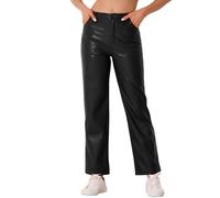 Allegra K Pantalones de Cuero Sintético para Mujer de Talle Alto Perneras Rectas Pantalones Casual PU Punk Negro S