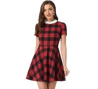 Allegra K para Mujer Vestido de tartán de Manga Corta con Cuello de Peter Pan Puff Rojo S