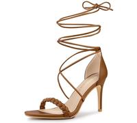 Allegra K Sandalias de tacón de aguja con tiras y correa tejida para mujer, Marrón oscuro, 39 EU