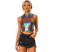Allegra K Top Corto metálico para Mujer Cuello Falso Cremallera Frontal Sin Mangas Holográfico Sparkle Party Disfraz de Halloween Multicolor Negro L