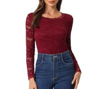 Allegra K Top de encaje bordado de flores de manga larga para mujer - rojo - X-Small