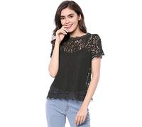 Allegra K Top De Encaje Floral Semitransparente Transparente con Ribete Festoneado para Mujer Negro XL