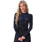 Allegra K Top De Malla Transparente para Camisetas con Estampado Floral De Terciopelo con Cuello Simulado para Mujer Azul Oscuro L