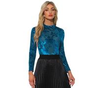 Allegra K Top De Malla Transparente para Camisetas con Estampado Floral De Terciopelo con Cuello Simulado para Mujer Azul XL