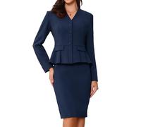 Allegra K - Traje de negocios de 2 piezas para mujer, traje de día de la madre, manga larga sin cuello, blazer peplum - faldas lápiz, negro oscuro, XL