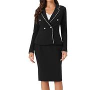 Allegra K Traje de negocios para mujer, conjunto de chaqueta y falda de 2 piezas con ribete de tweed, Negro -, Large