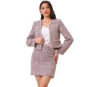 Allegra K Trajes de Tweed a Cuadros para Mujer Conjuntos de Falda y Chaqueta Tipo Blazer Corta con Frente Abierto Rosado Morado S