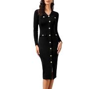 Allegra K Vestido Ajustado Tipo Suéter para Mujer 2025 Cuello en V Manga Larga Botones Decorativos Vestido Midi de Punto Negro L