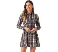 Allegra K Vestido Camisero a Cuadros para Mujer Cintura ceñida con Botones Camisa de tartán Informal en una línea Mini Vestido Marrón L