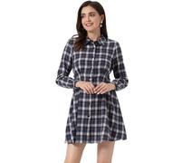 Allegra K Vestido Camisero a Cuadros para Mujer Cintura ceñida con Botones Camisa de tartán Informal en una línea Mini Vestido Azul Oscuro L