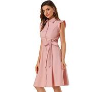 Allegra K Vestido Camisero A Media Pierna De Algodón con Cinturón Y Manga con Volantes Y Cierre De Botón para Oficina De Trabajo para Mujer Rosa S