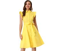 Allegra K Vestido Camisero A Media Pierna De Algodón con Cinturón Y Manga con Volantes Y Cierre De Botón para Oficina De Trabajo para Mujer Amarillo S