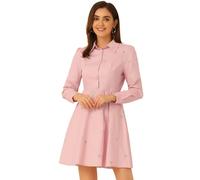 Allegra K Vestido camisero casual de manga larga con media solapa bordada floral mini vestidos, Rosado, M