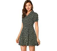 Allegra K Vestido Camisero De Manga Corta con Cuello En V Y Estampado Floral Frontal con Botones para Mujer Negro L