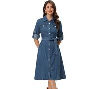 Allegra K Vestido Camisero de Mezclilla para Mujer con Botones de Manga Larga Vestido Vaquera con Cinturón Vestido Clásico Jean Azul L