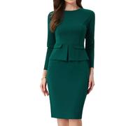 Allegra K Vestido ceñido al Cuerpo para Mujer, Cuello Redondo, Manga 3/4, Peplum, Vestido para Trabajar en la Oficina Dark Green XS