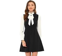 Allegra K Vestido de cuello con lazo para mujer, cuello alto con volantes, manga abombada, vestidos de contraste, Negro, Large