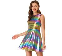 Allegra K Vestido de flare holográfico de cintura alta con cuello redondo metálico para mujer, Blue Purple, 44