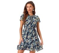 Allegra K Vestido de gasa floral con volantes y cuello en V por encima de la rodilla con volantes, Azul marino, Large