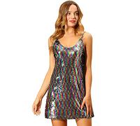 Allegra K - Vestido de Lentejuelas con Purpurina para Mujer, Tirantes de Espagueti, Cuello en V, Minivestido Brillante para Fiesta, cóctel, Discoteca, Arco Iris, XS