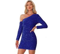 Allegra K Vestido de Lentejuelas para Mujer de Terciopelo con 1 Hombro Vestido de Cóctel Azul Real S