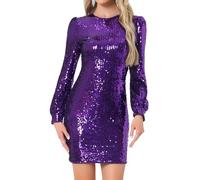 Allegra K Vestido de Lentejuelas para Mujer Manga Larga Brillante Bodycon Fiesta Club Mini Vestidos Disfraz de Navidad Halloween Moradas Negro M