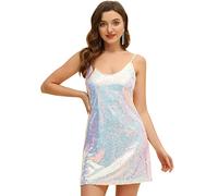 Allegra K Vestido de Lentejuelas para Mujer, sin Mangas, Cuello de Pico, para Fiesta, Espagueti, Vestido de Tirantes con Purpurina metálica, Mini, Blanco/Azul, S