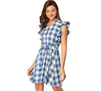 Allegra K Vestido de mujer a cuadros ocasionales con volantes y manga vestido de cuadros vintage con cinturón - azul - Medium