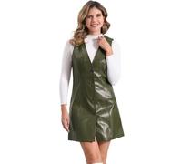 Allegra K Vestido de Piel Sintética para Mujer con Botones y Cuello en V Sin Mangas Mini Vestidos Generales Verde Oliva S
