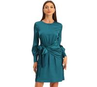Allegra K Vestido de satén con lazo en la cintura para mujer, manga larga, cuello redondo, vestido de cóctel, Azul Verde, M