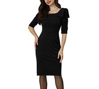Allegra K Vestido de Tubo para Mujer, Informal, de Negocios, Cuello Cuadrado, Manga 3/4, Vestido Ajustado con Lazo y Volantes Negro S