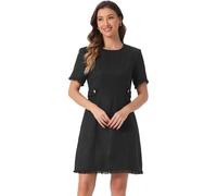 Allegra K Vestido de Tweed Jackie para Mujer Cuello Redondo Manga Corta Trabajo Elegante Casual Línea A Vestidos Midi Negro L