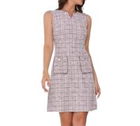 Allegra K Vestido de tweed para mujer, elegante, a cuadros, sin mangas, bolsillos, cremallera, casual, para el trabajo, Rosado/Blanco, XL