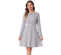 Allegra K Vestido de Tweed Vintage para Mujer Vestido Acampanado de Manga Larga con Cuello Peter Pan de Rejilla a Cuadros Púrpura S