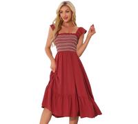 Allegra K Vestido de Verano con Fruncido para Mujer, Cuello Cuadrado, Estilo Bohemio, Sin Mangas, con Volantes, A Media Pierna Borgoña XS