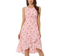 Allegra K Vestido Floral sin Mangas con Volantes y Dobladillo asimétrico para Mujer, Cuello Redondo, Abertura en la Espalda, Rosado, Large