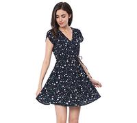 Allegra K Vestido Fluido Floral con cinturón y Cuello en V Cruzado Boho para Mujer Azul L