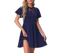 Allegra K Vestido Midi Informal con Cuello Alto y Malla de Encaje Mangas Alborotadas para Mujer Azul Oscuro L