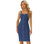 Allegra K Vestido Vaquero para Mujer con Botones Sin Mangas con Escote Corazón Vestidos Elásticos De Mezclilla Casual Azul M
