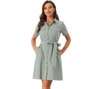 Allegra K Vestidos de Safari para Mujer Vestido Camisero con Botones y cinturón de Manga Corta de algodón de Verano Verde Gris S