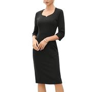 Allegra K Vestidos Midi para Mujer de Trabajo Manga 3/4 Escote Corazón Cintura Alta Vestido de Oficina Negro XL