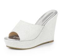 Allegra K Women's Glitter Platform Wedge Heels Sandals White Silver US 9.5/UK 7.5/EU 41