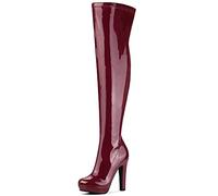 Allegra K Women's Platform Round Toe Chunky Heels Over The Knee High Boots Burgundy 7