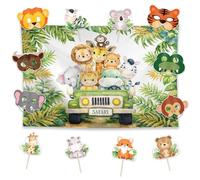 Allenjoy Bonito juego de decoraciones de fiesta de animales de la selva de safari, kit de 13 piezas con fondo de 59 x 35 pulgadas, 6 diademas, 6 accesorios de cabina de fotos, suministros de