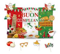 Allenjoy Buon Comleanno - Juego de decoraciones de fiesta de pizza italiana, kit de 11 piezas con fondo de 59 x 35 pulgadas, 2 diademas, 8 accesorios para fotomatón, suministros de decoración, regalos