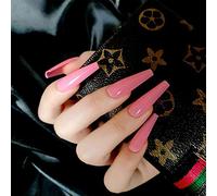 Allereya Super Long Coffin Falso Nails Bailarina Pink Press on Nails Prom Party Clip on Nails Super Long Full Cover Acrylic Nails Art for Women and Girls 24pcs (Pink)