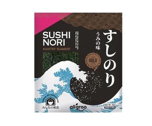 Allgroo Alga marina Nori Gold, hojas enteras, algas tostadas, ideales para sushi, veganas y sin gluten, 1 x 25 g con 10 hojas
