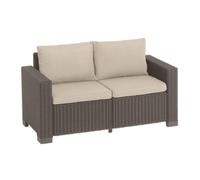 Allibert by Keter California - Sofá de jardín de 2 plazas, Color marrón y Arena, Incluye Cojines de Asiento y Respaldo, plástico, imitación de ratán Redondo, 141 x 68 x 72 cm