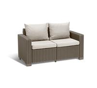 Allibert Keter - Sofá de jardín California, con Dos plazas y Cojines en Asiento y Respaldo, 141 x 68 x 71,5 cm, Fabricado con característico Acabado Trenzado, Color Capuchino
